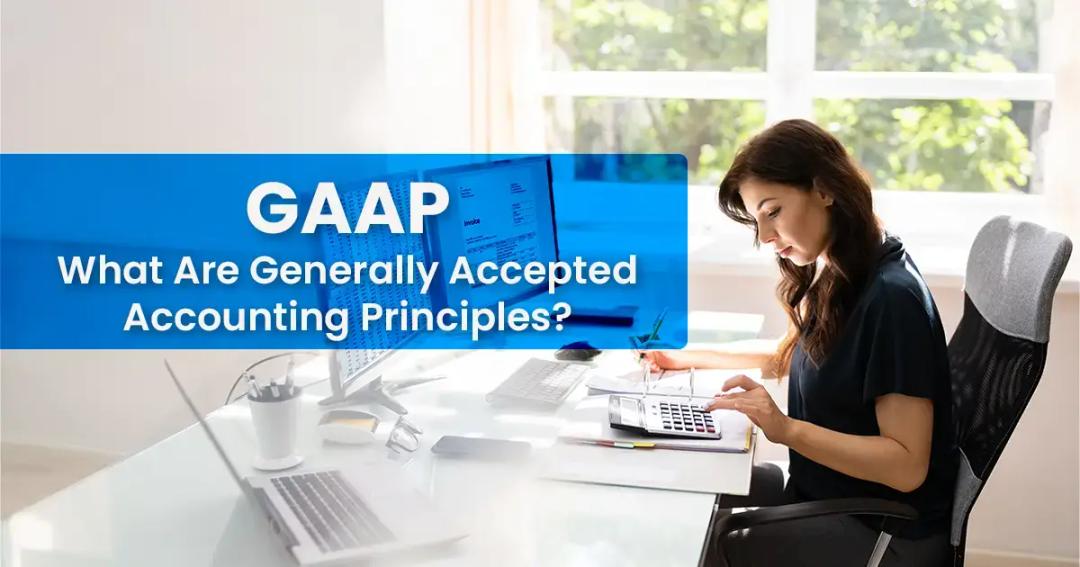 Professional woman calculating finances on a calculator at her desk with a computer screen displaying "gaap: what are generally accepted accounting principles?.