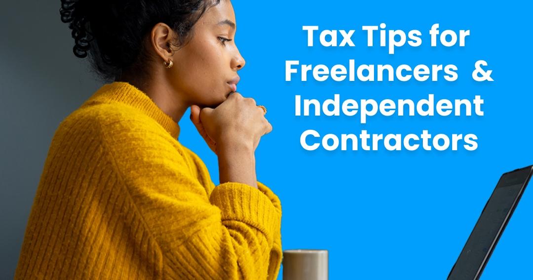 A woman working on a laptop at a bright, modern desk, with text overlay reading "tax tips for freelancers and contractors.